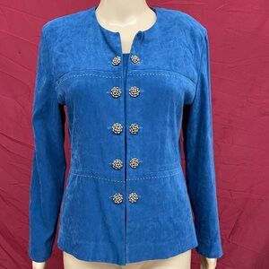 Vintage 80’s Leslie Fay Blue Faux Suede Double Breasted Blazer Size 8 Petite